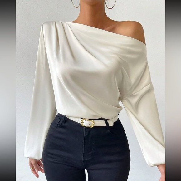 Asymmetrical Neck Lantern Sleeve Top ❤️ - Picture 1 of 5